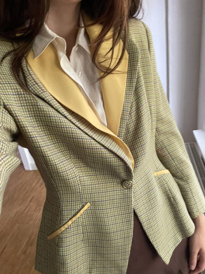 Vintage Yellow Wool Plaid Blazer — detail