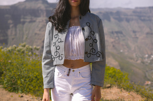 Cropped wool jacket with romantic embroidery, Cottage core vest, Light academia short blazer jacket