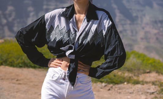 Vintage Black Blouse Large Andrés Garcia Western Cowboy Pattern Long Sleeve Oversized Street Style Gran Canaria