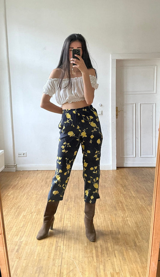 Vintage Floral Trousers High Waist 3/4 Pants Cottagecore Bloomcore Summer Retro Clothing Size L 42