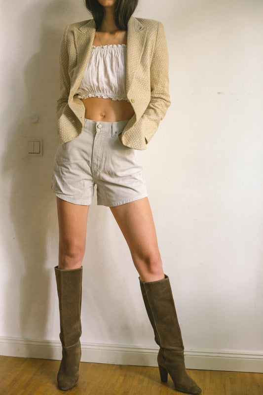 Valentino Vintage Beige Linen Blazer, Oatmeal Designer Jacket with White Detailing, Earthy Summer & Spring Formal Coat