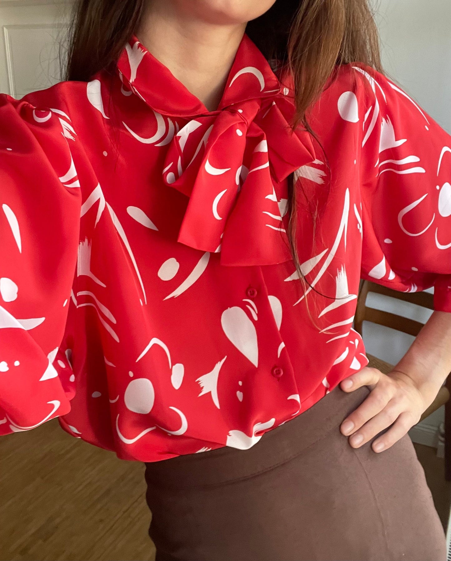 Vintage Frill Blouse in Red with Puff Sleeves — back view