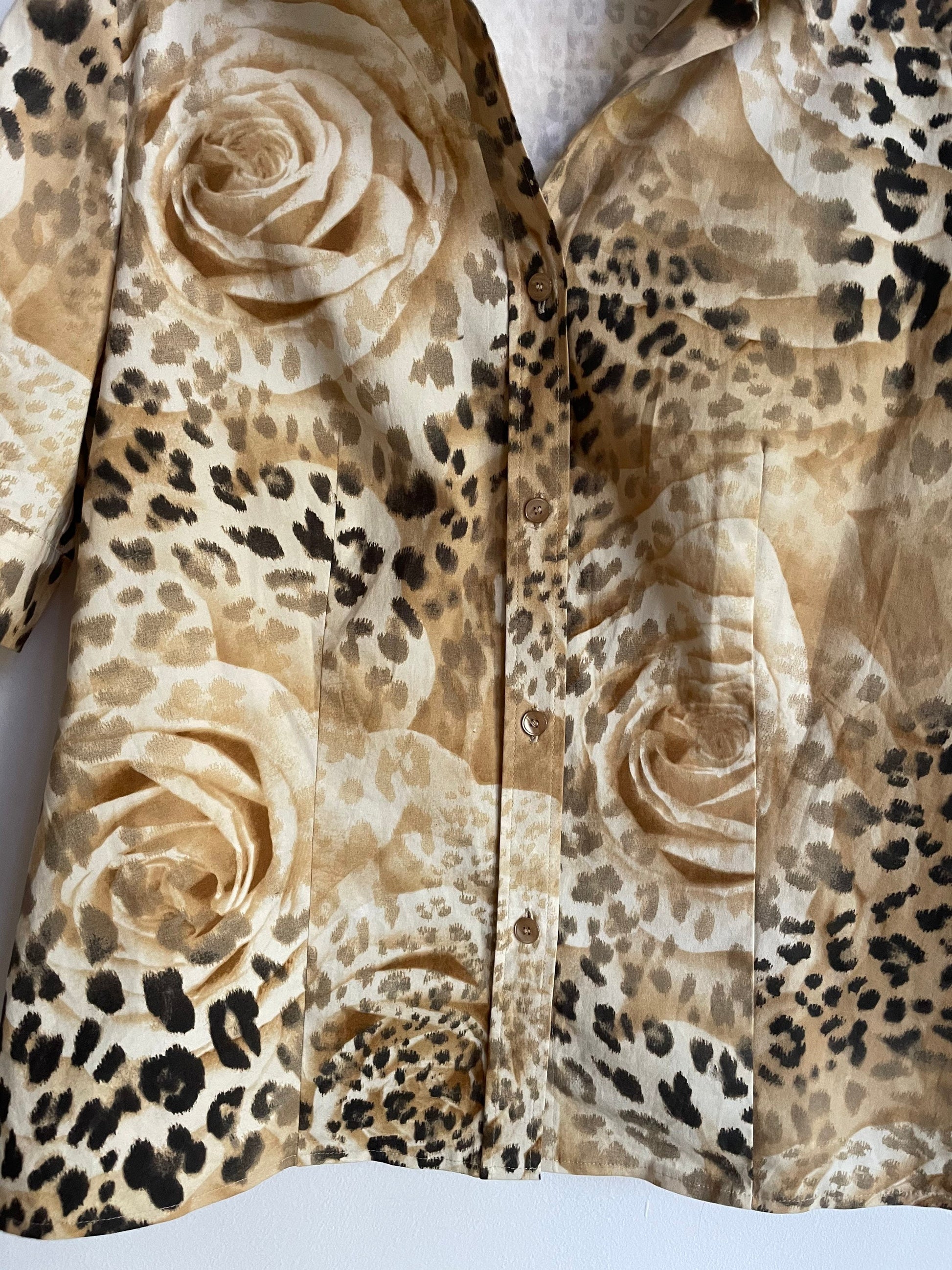 Vintage leopard pattern floral women's blouse, 80s patterned retro shirt, floral button up shirt, Vintage romantic top, Panther shirt