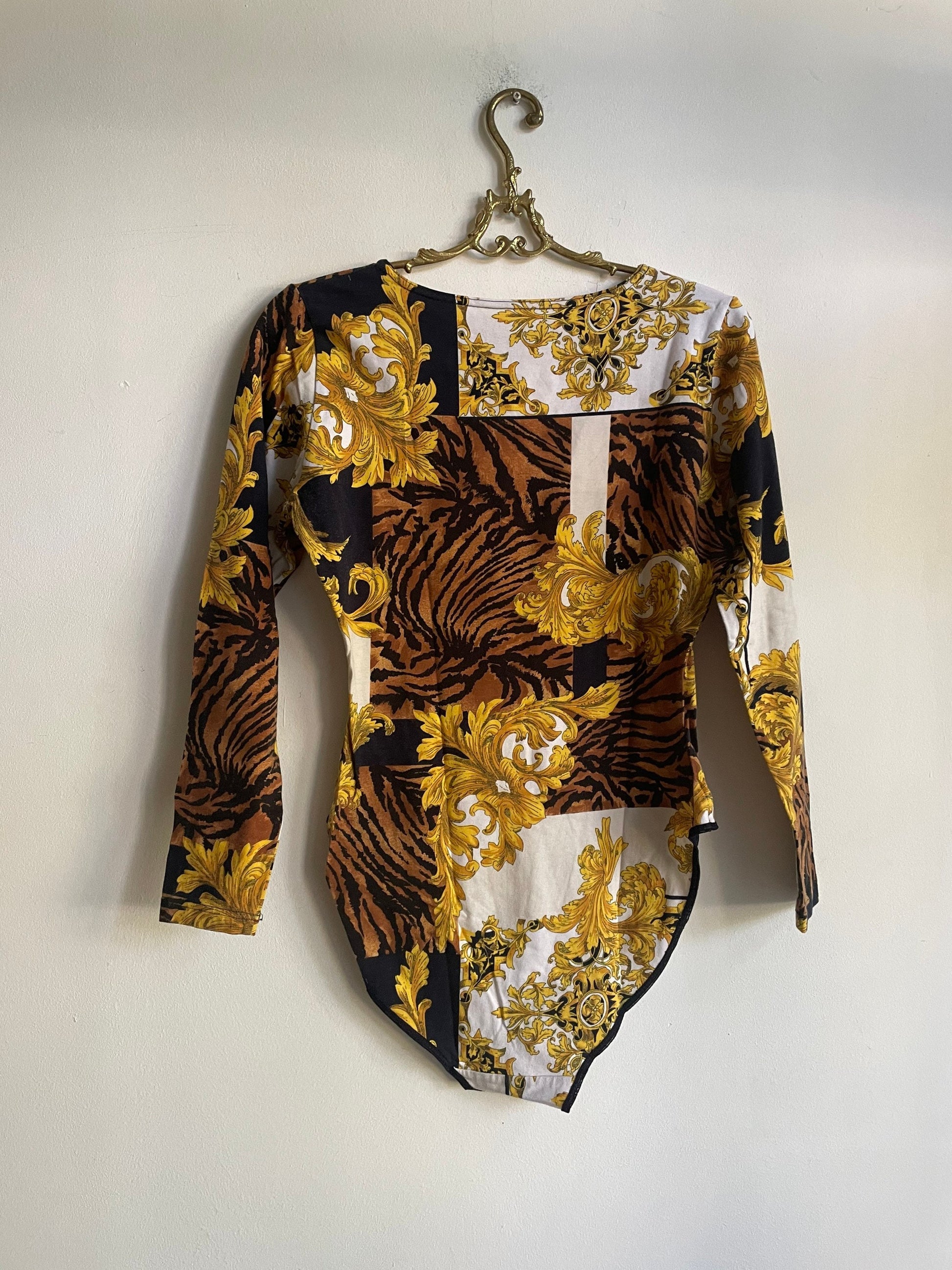 Vintage Baroque bodysuit, Retro long sleeve woman once piece, Dance clothing for women, Tiger print body