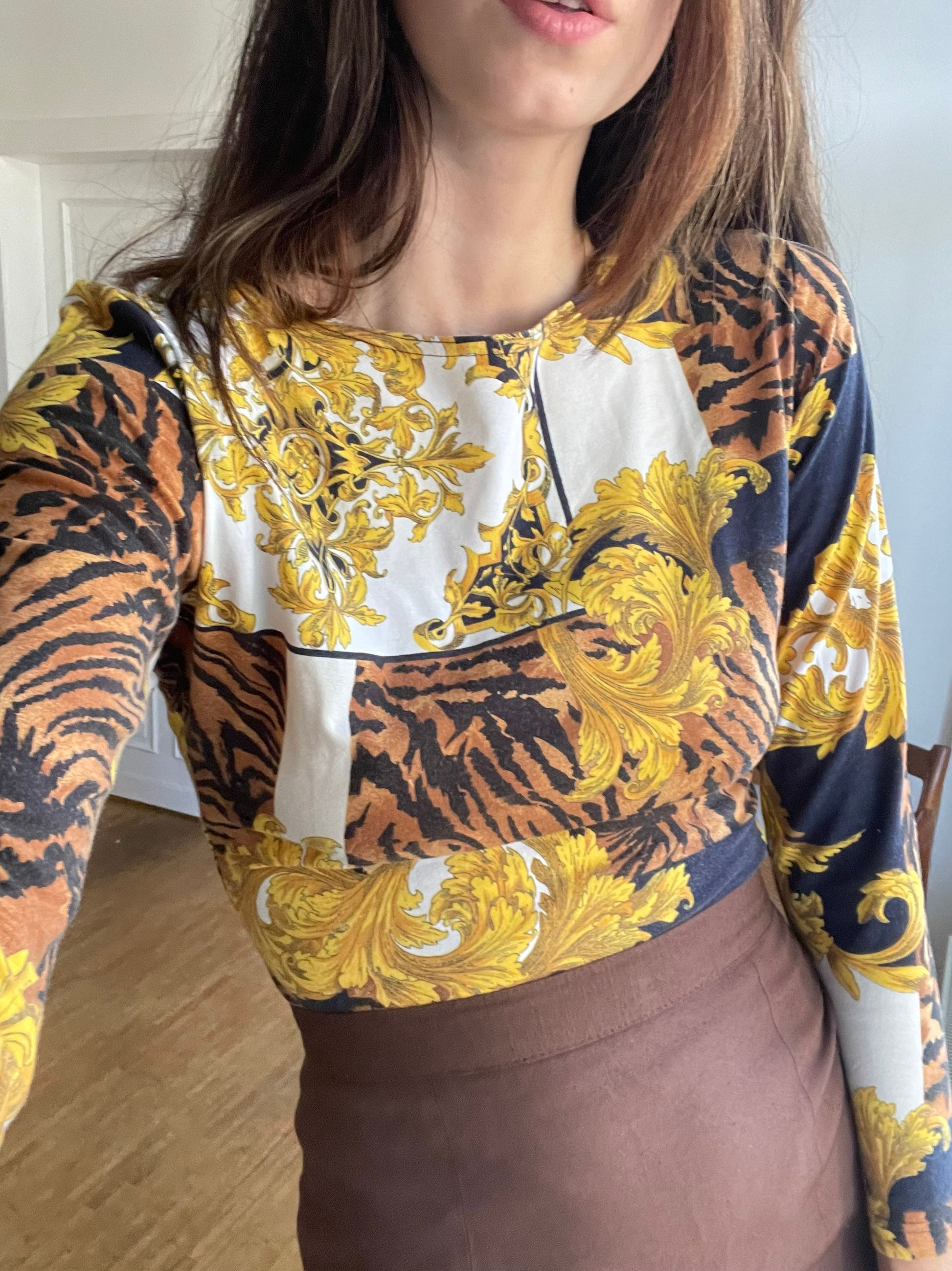 Vintage Baroque bodysuit, Retro long sleeve woman once piece, Dance clothing for women, Tiger print body