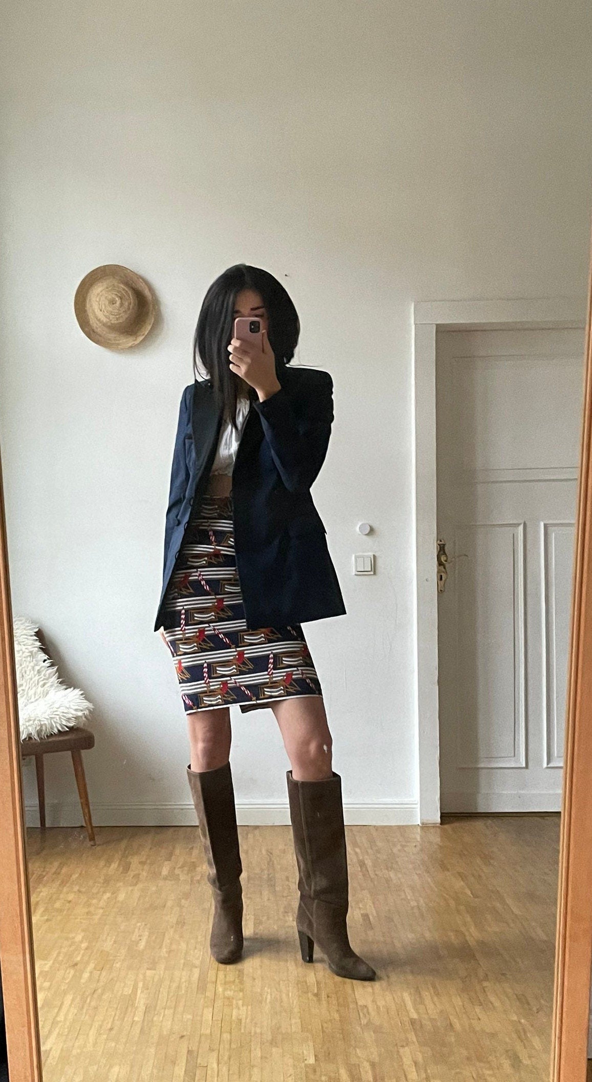 Vintage Maritime Midi Skirt Retro Pencil Skirt with Beach Pattern Sustainable Women’s Fashion Secretary Outfit S