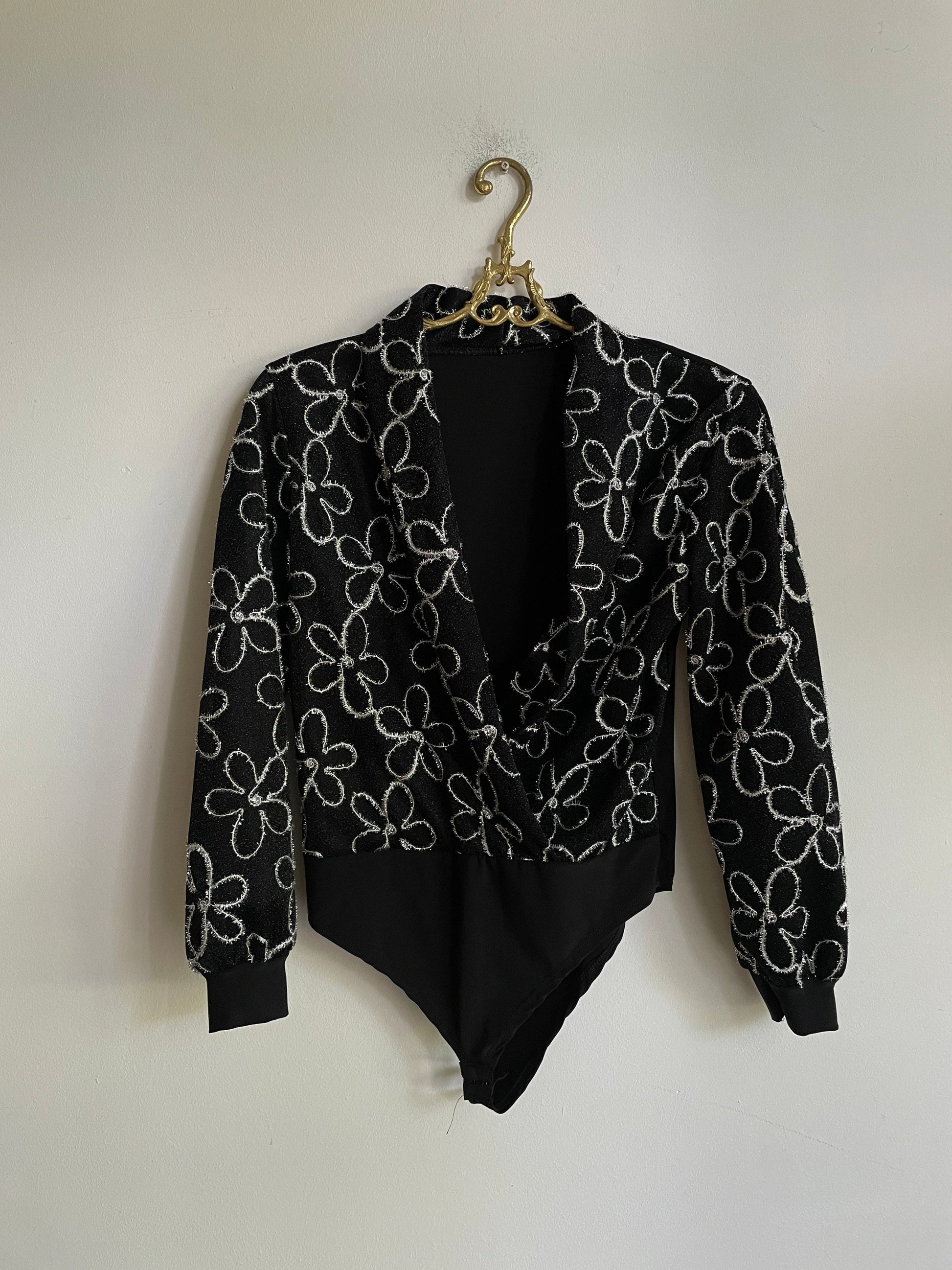 Vintage glitter floral leotard bodysuit 80s Italy disco glam black sparkle long sleeve top Paris clubwear Dua Lipa festival party XS