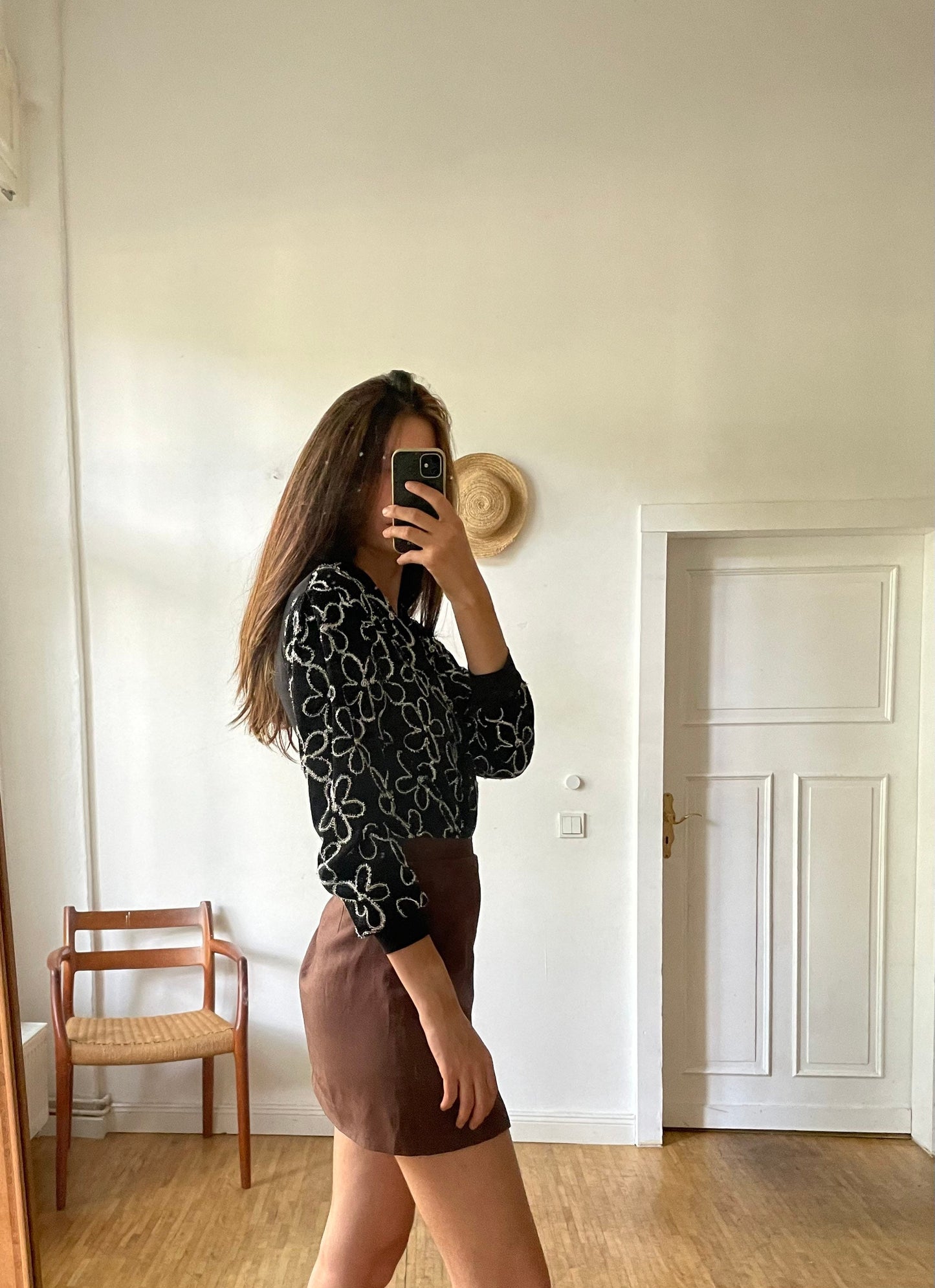 Vintage glitter floral leotard bodysuit 80s Italy disco glam black sparkle long sleeve top Paris clubwear Dua Lipa festival party XS