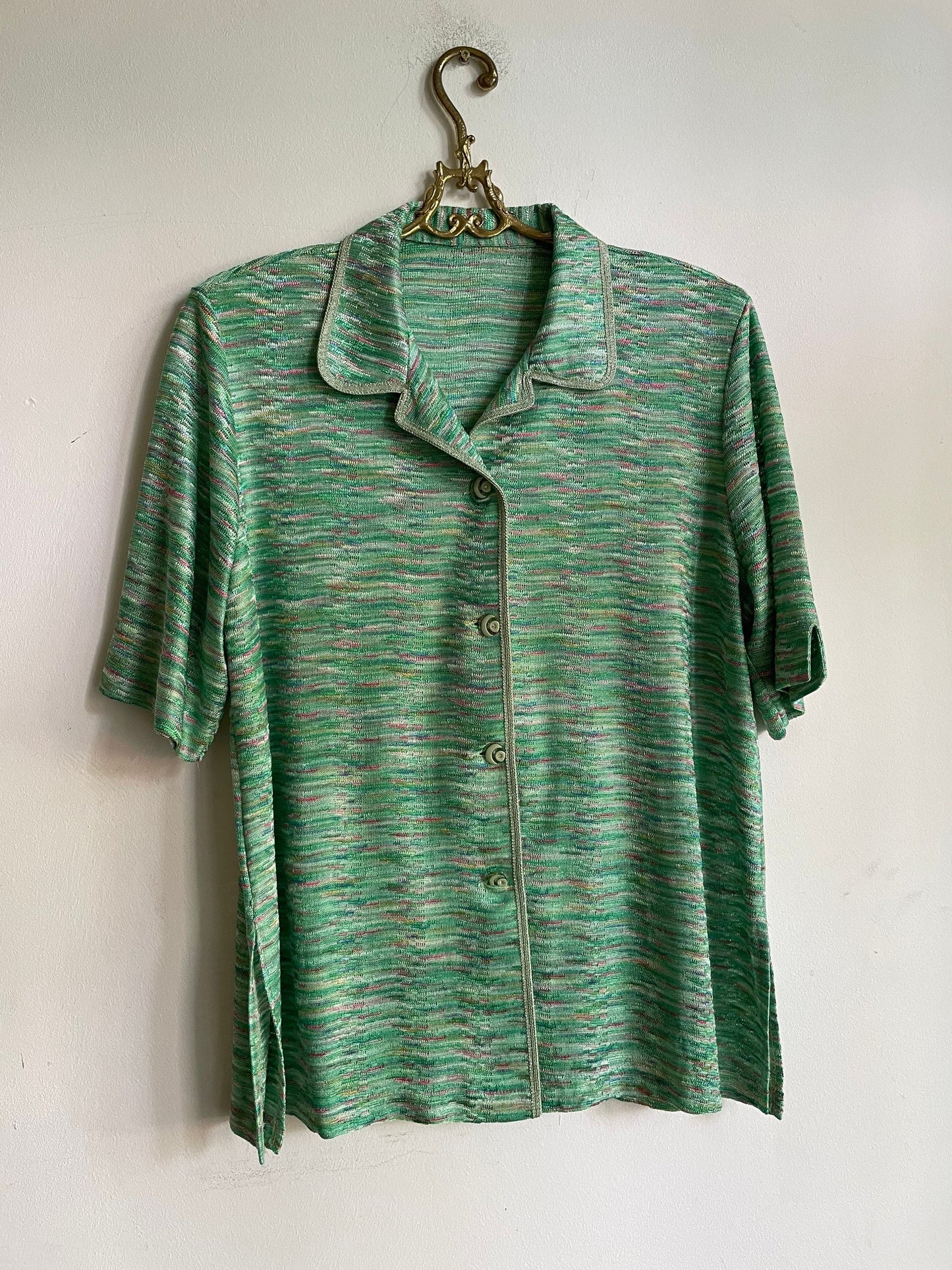 Vintage Green Tropical Summer Blouse, 80s Sheer Short Sleeve Feminine Shirt, Glittery Button-Up, Removable Padded Shoulders, M-L