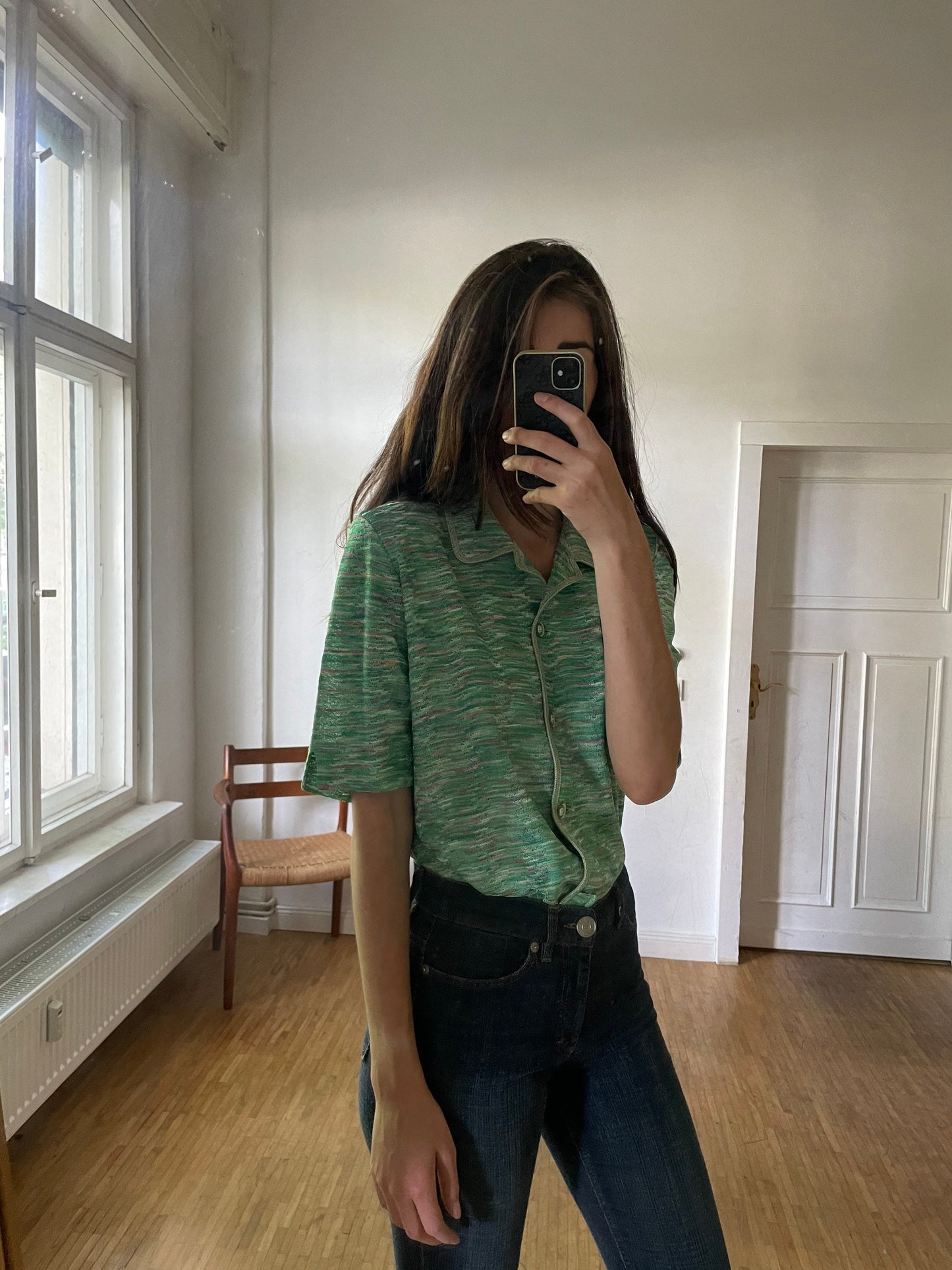 Vintage Green Tropical Summer Blouse, 80s Sheer Short Sleeve Feminine Shirt, Glittery Button-Up, Removable Padded Shoulders, M-L