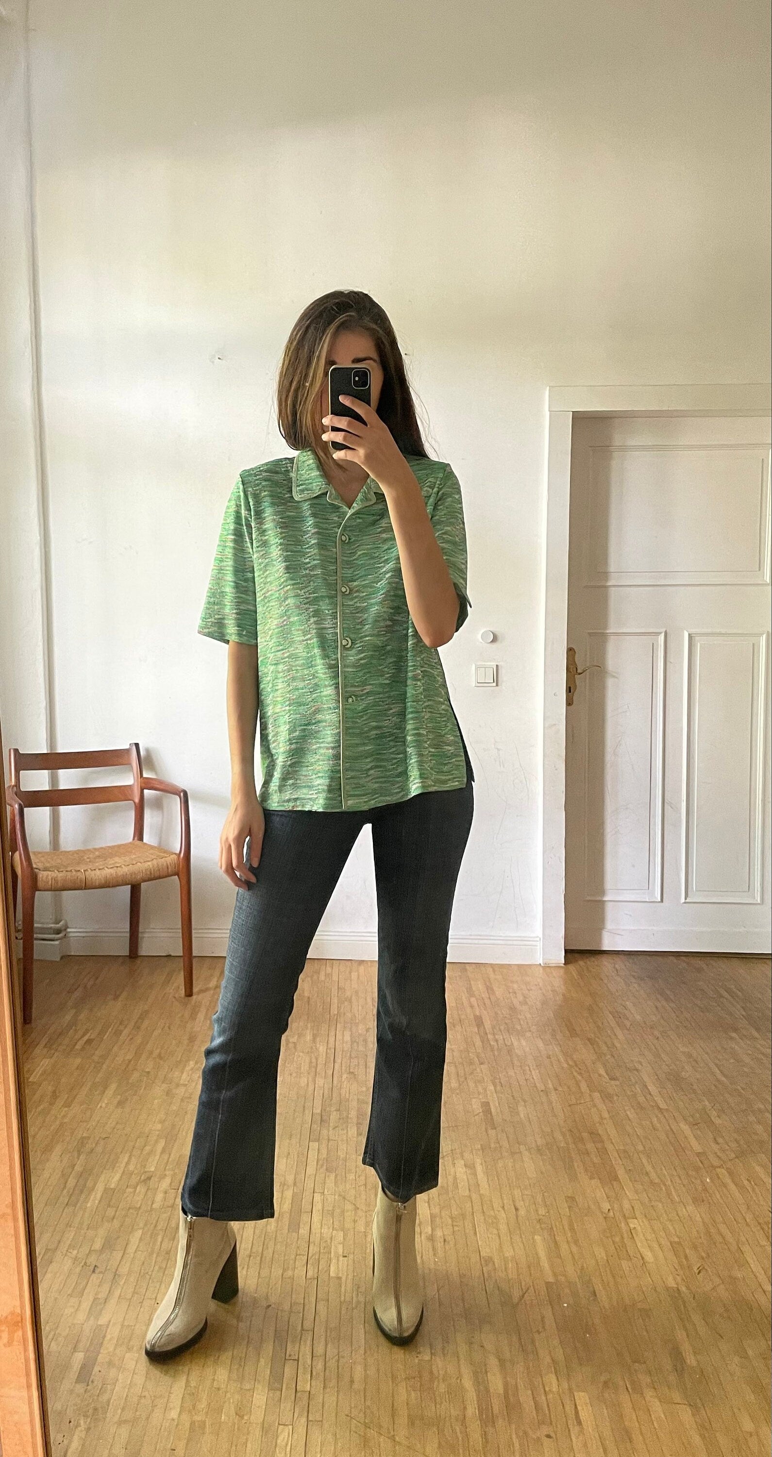 Vintage Green Tropical Summer Blouse, 80s Sheer Short Sleeve Feminine Shirt, Glittery Button-Up, Removable Padded Shoulders, M-L
