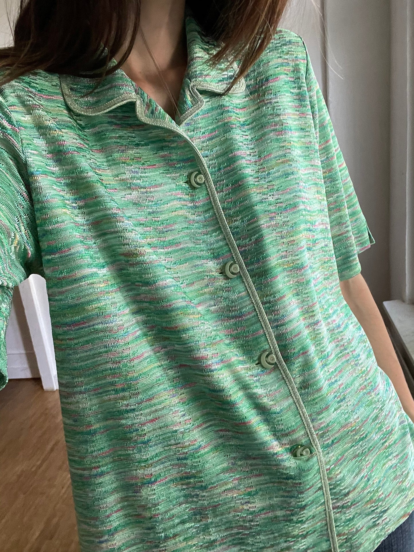 Vintage Green Tropical Summer Blouse, 80s Sheer Short Sleeve Feminine Shirt, Glittery Button-Up, Removable Padded Shoulders, M-L