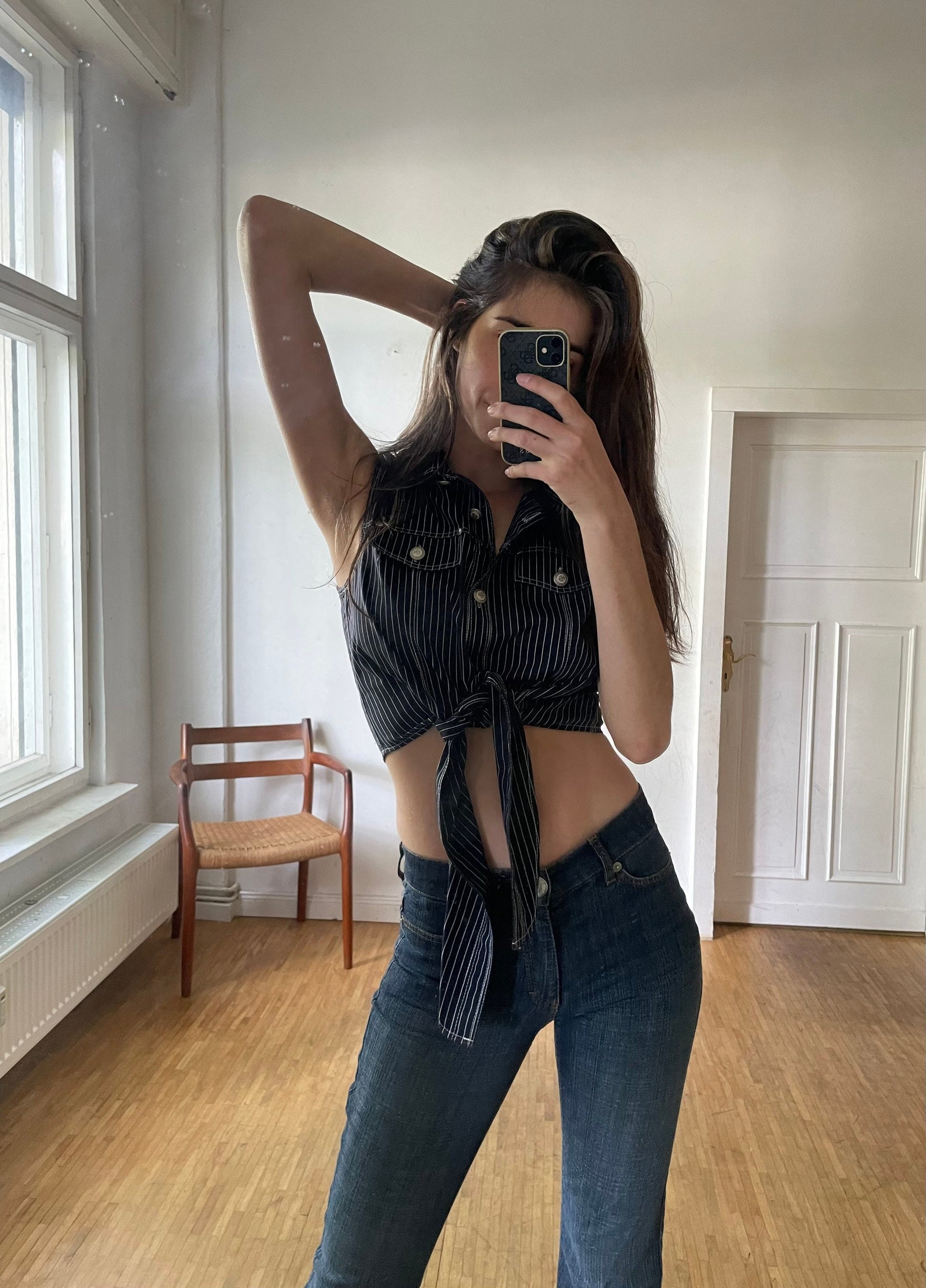 Denim Black and white striped cropped summer camisole, Knot tie shirt, Retro woman clothing, Feminine top, Cute shirt, S