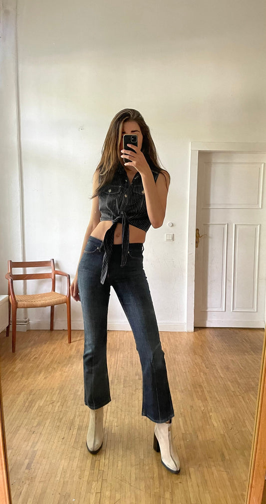 Denim Black and white striped cropped summer camisole, Knot tie shirt, Retro woman clothing, Feminine top, Cute shirt, S