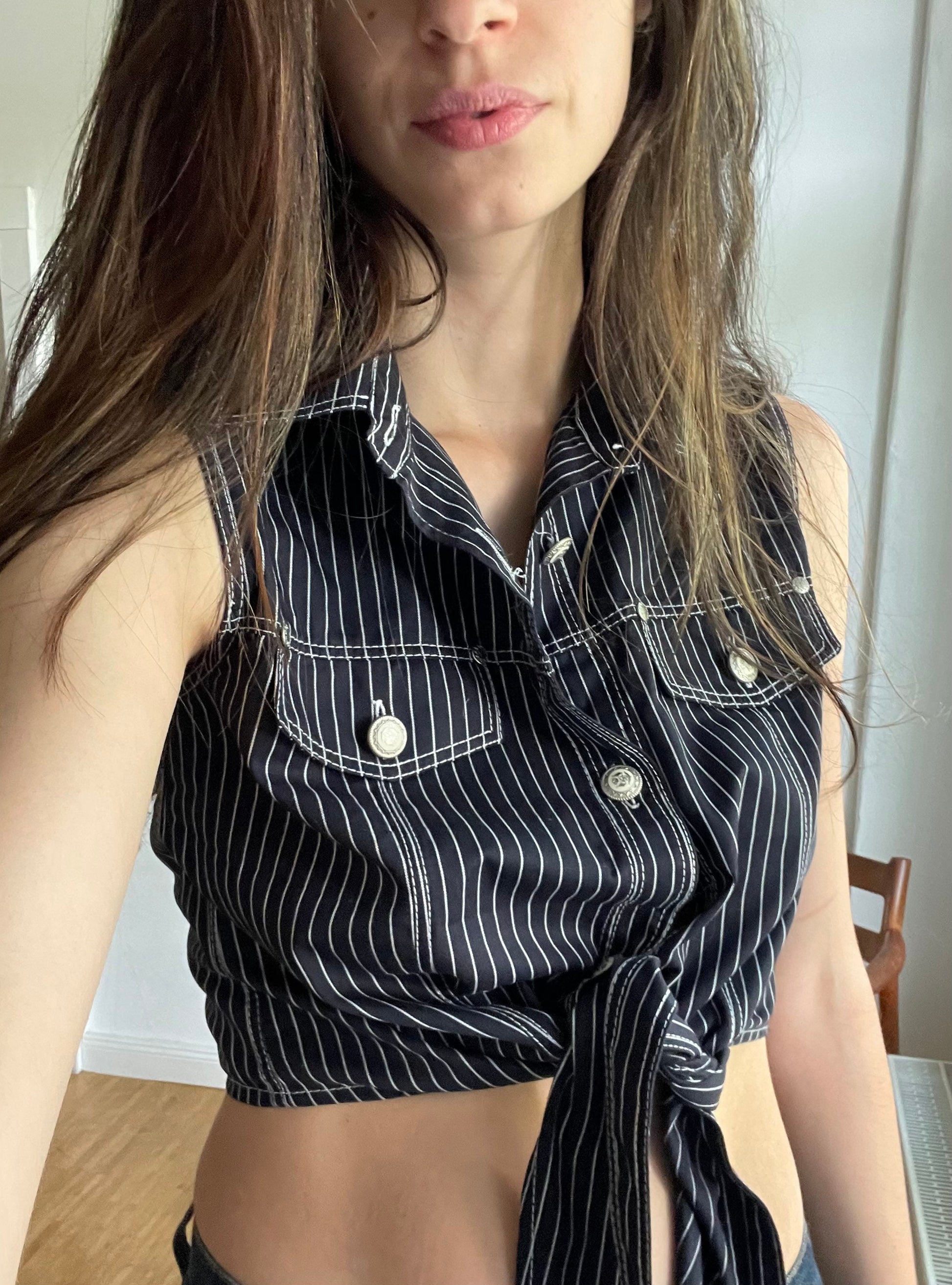 Denim Black and white striped cropped summer camisole, Knot tie shirt, Retro woman clothing, Feminine top, Cute shirt, S