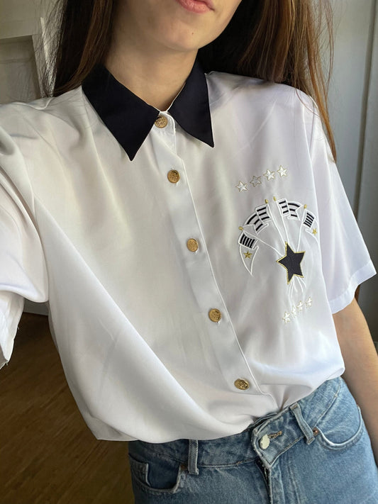 Vintage White Embroidered Blouse with Golden Buttons, Women’s Size L, Versatile High-Waisted Style, Elegant Chest Detail