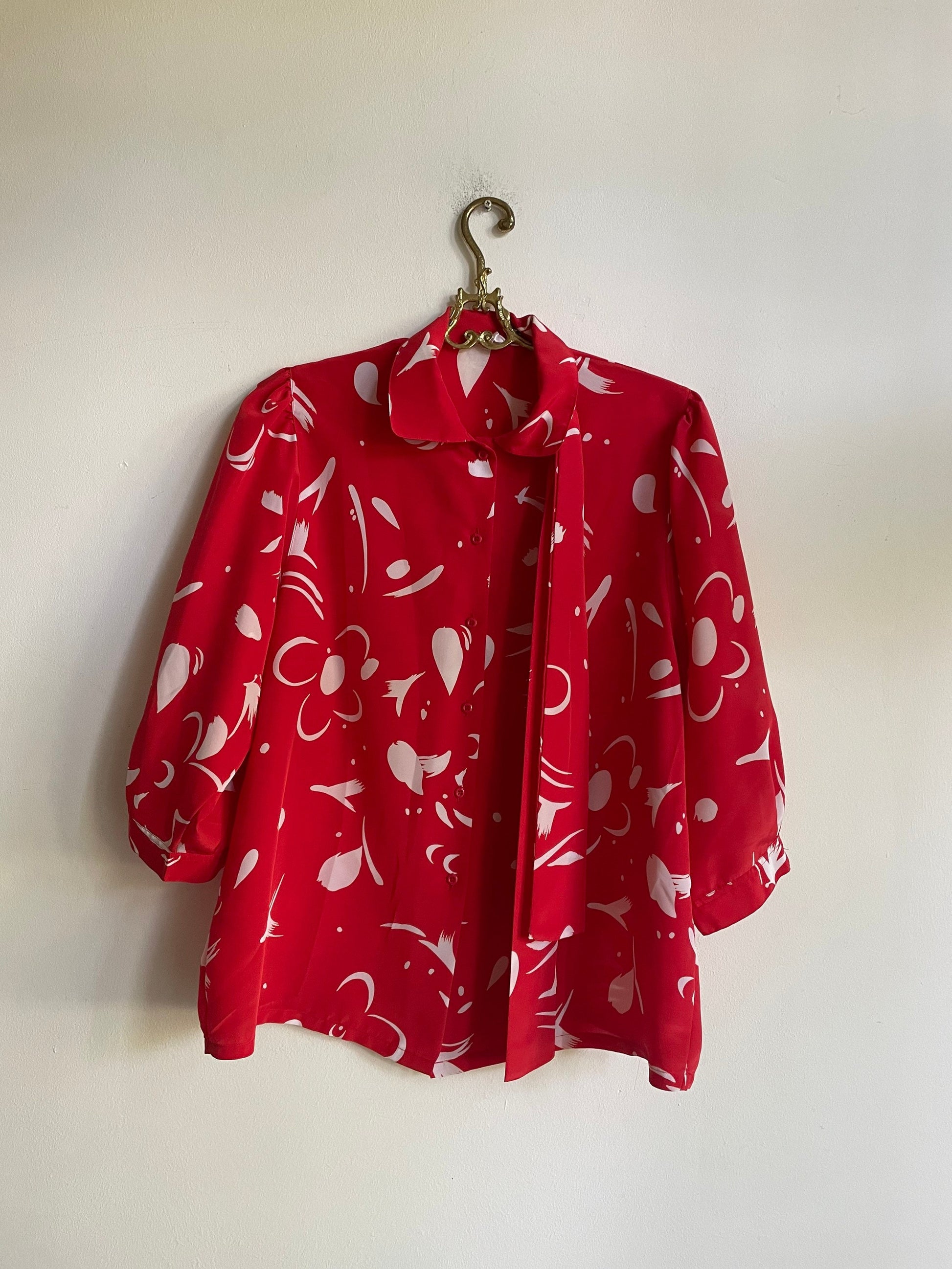 Vintage Frill Blouse in Red with Puff Sleeves — fabric close-up