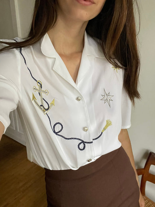 White Sailor vintage woman blouse, Maritime themed shirt, Oversized blouse, button up statement blouse, Deadstock women's clothing