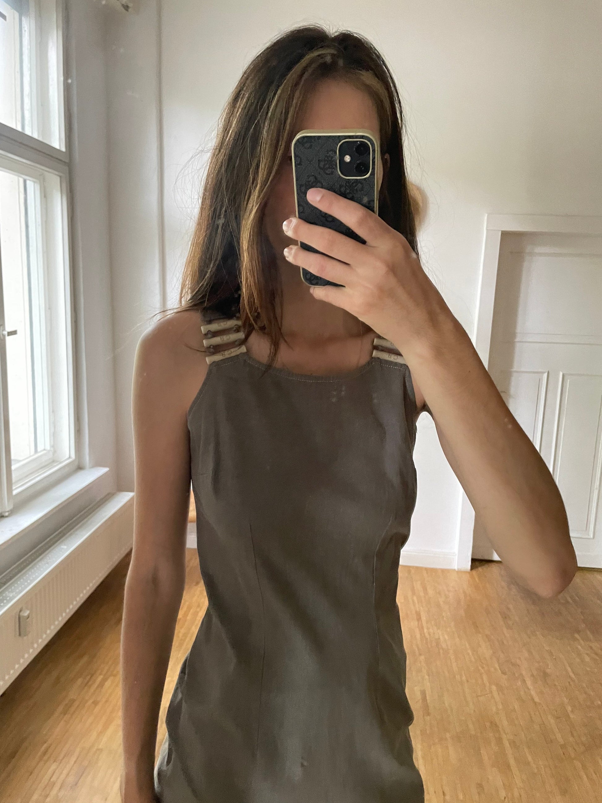 Caroline Biss cotton brown pencil dress, Vintage earthy designer dress