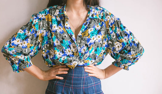Vibrant blue and white vintage floral women blouse, Retro flower shirt, feminine summer top