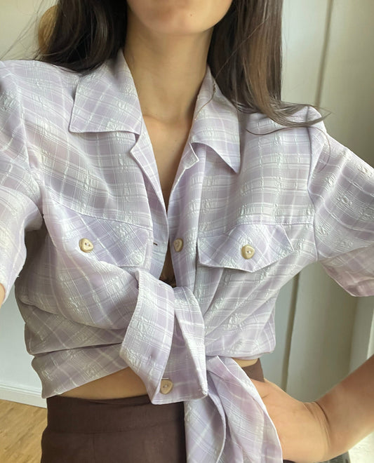 Lavender plaid vintage woman blouse, Short sleeve shirt, Cute Feminine 70s blouse