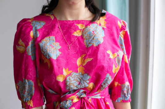 Vintage 80s Floral Blouse Women’s Puff Sleeve Top, Vibrant Summer Retro 60s Style Handmade Cotton Blouse with Waist Tie & Gold Seam