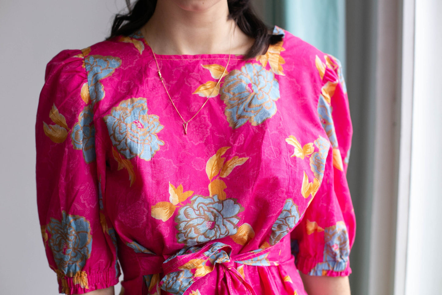 Vintage 80s Floral Blouse Women’s Puff Sleeve Top, Vibrant Summer Retro 60s Style Handmade Cotton Blouse with Waist Tie & Gold Seam