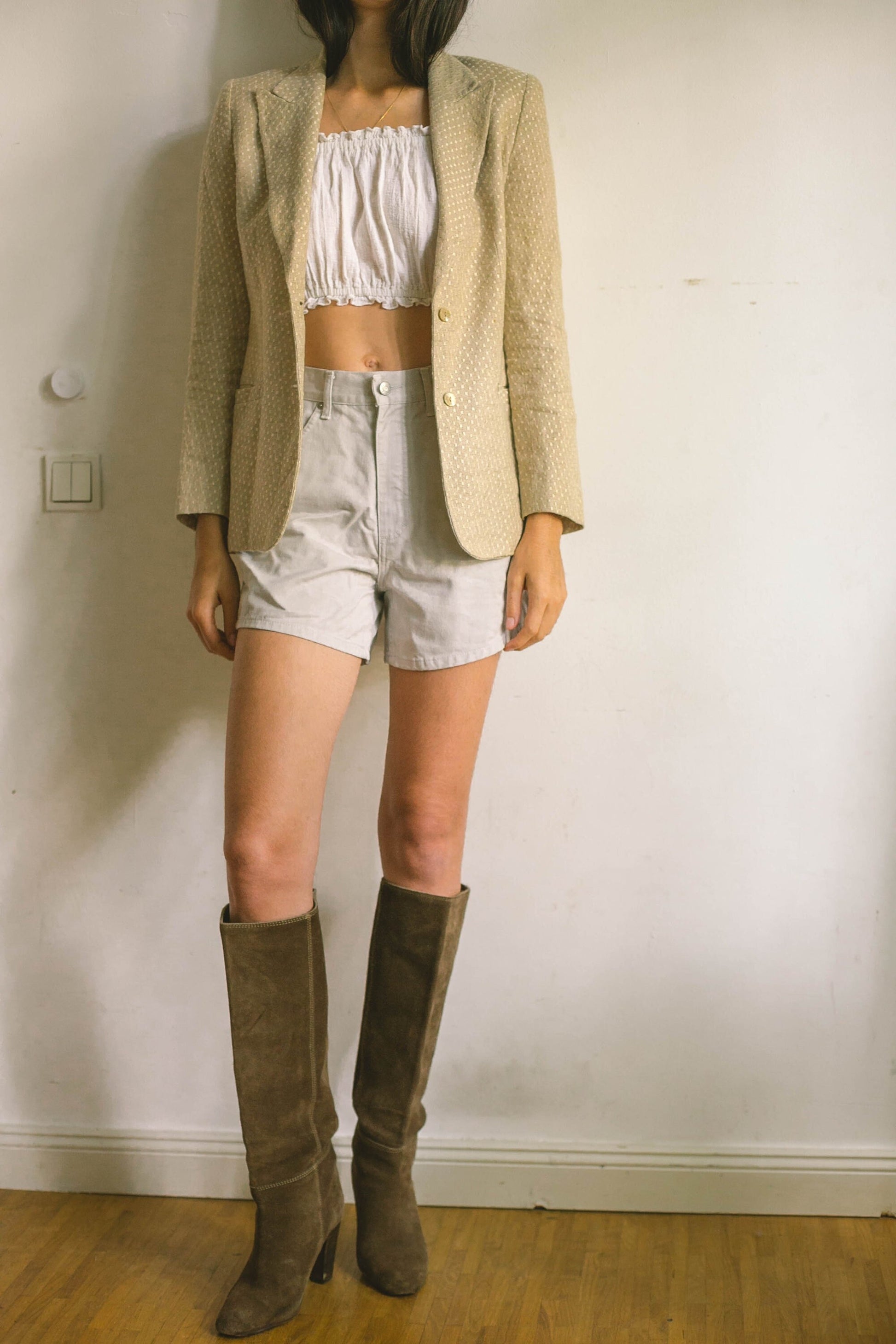 Valentino Vintage Beige Linen Blazer, Oatmeal Designer Jacket with White Detailing, Earthy Summer & Spring Formal Coat