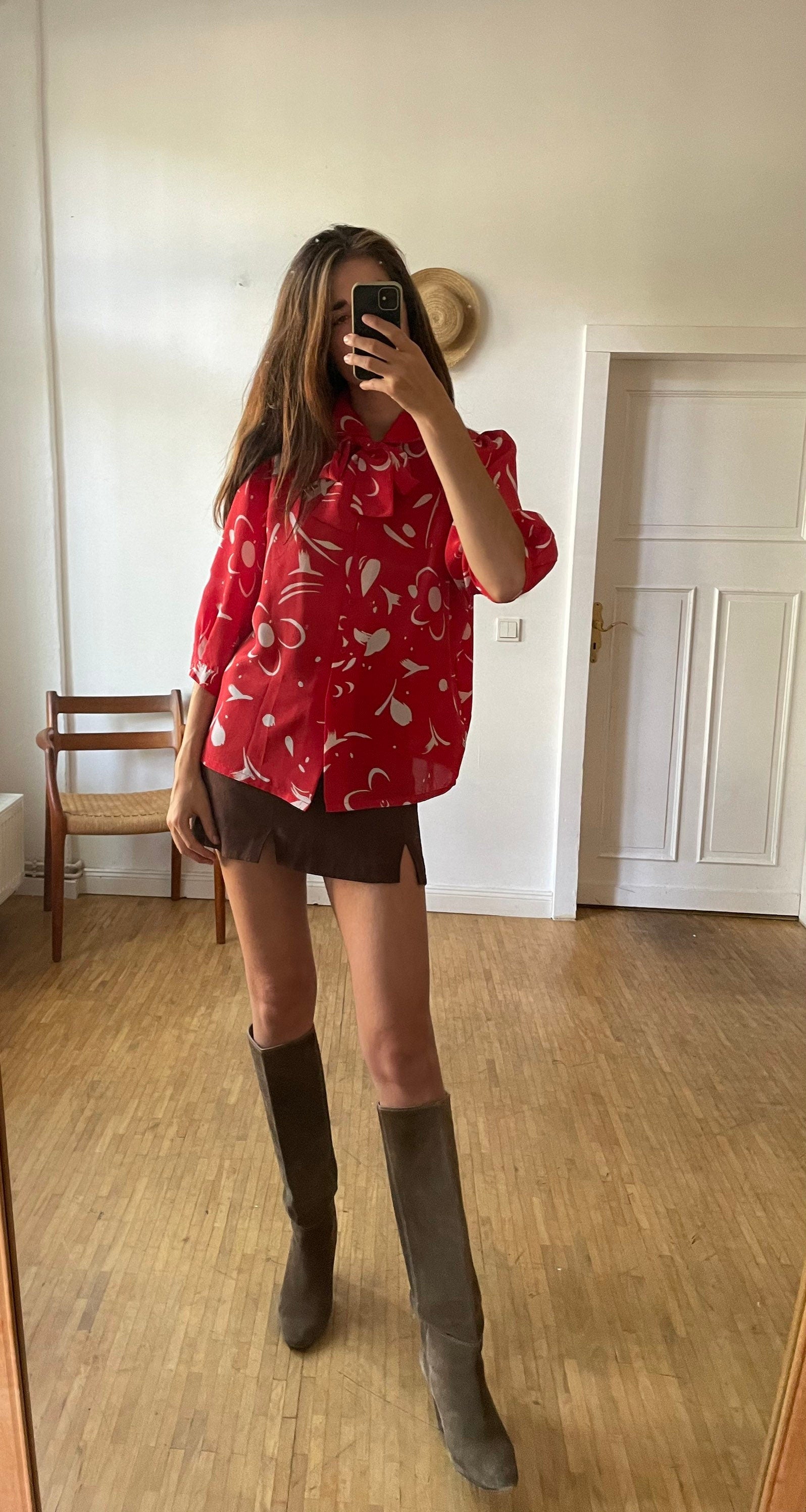 Redd secretary frill blouse, 80s does 60s, Puff sleeve retro women shirt, cute summer top, Half sleeve button up, Feminine shirt