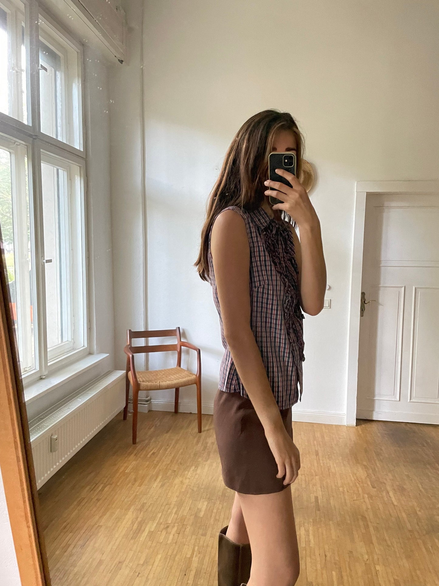 Blue, red and white plaid camisole shirt, Sleeveless woman blouse with ruffles, Gingham fabric top, S