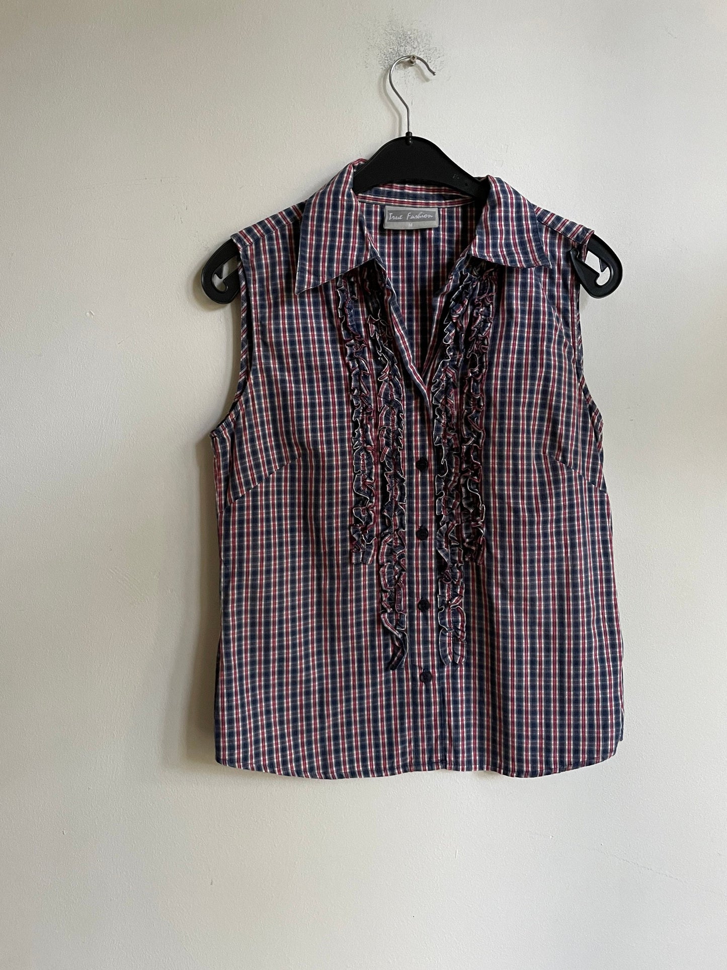 Blue, red and white plaid camisole shirt, Sleeveless woman blouse with ruffles, Gingham fabric top, S