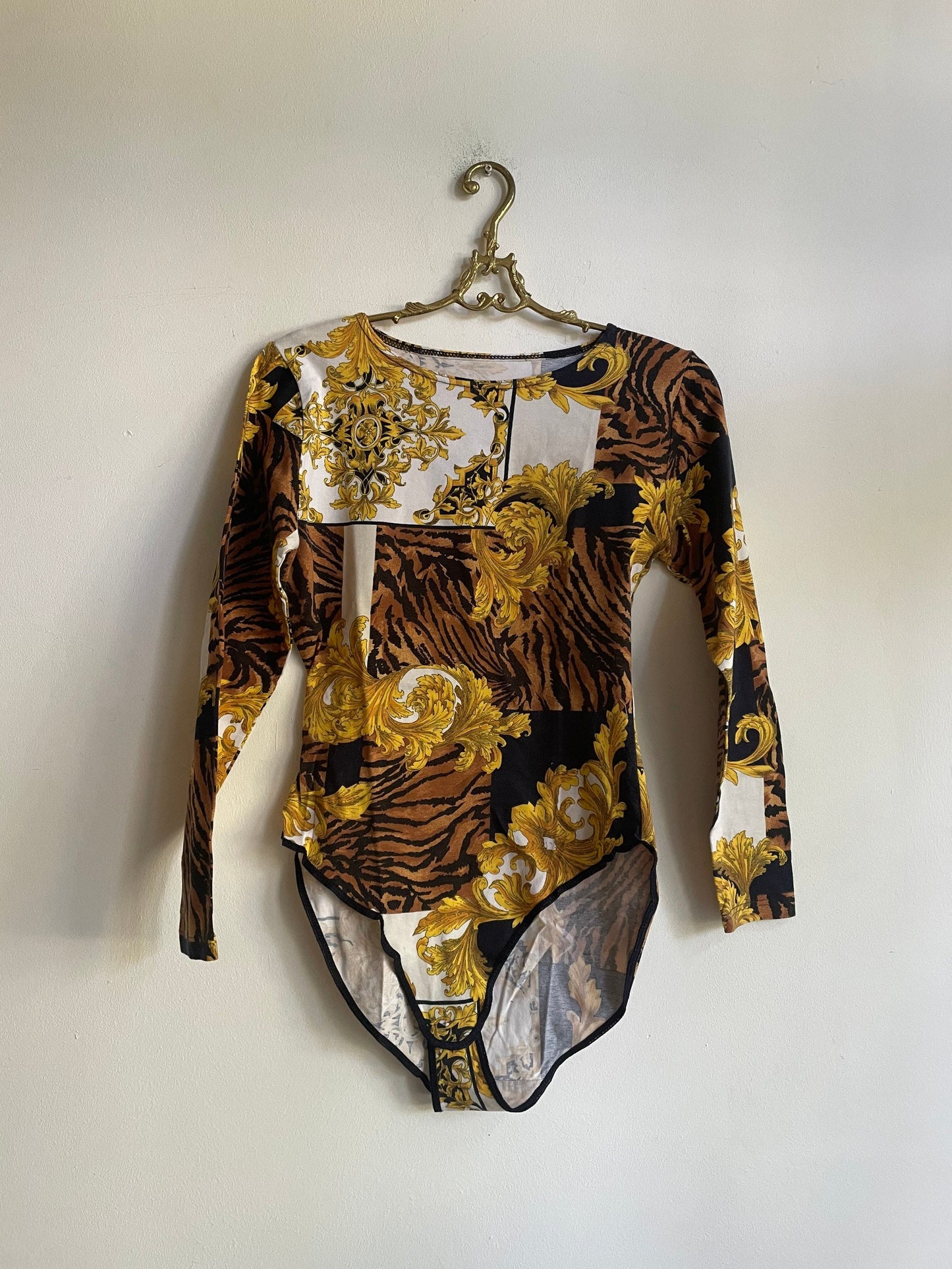 Vintage Baroque bodysuit, Retro long sleeve woman once piece, Dance clothing for women, Tiger print body