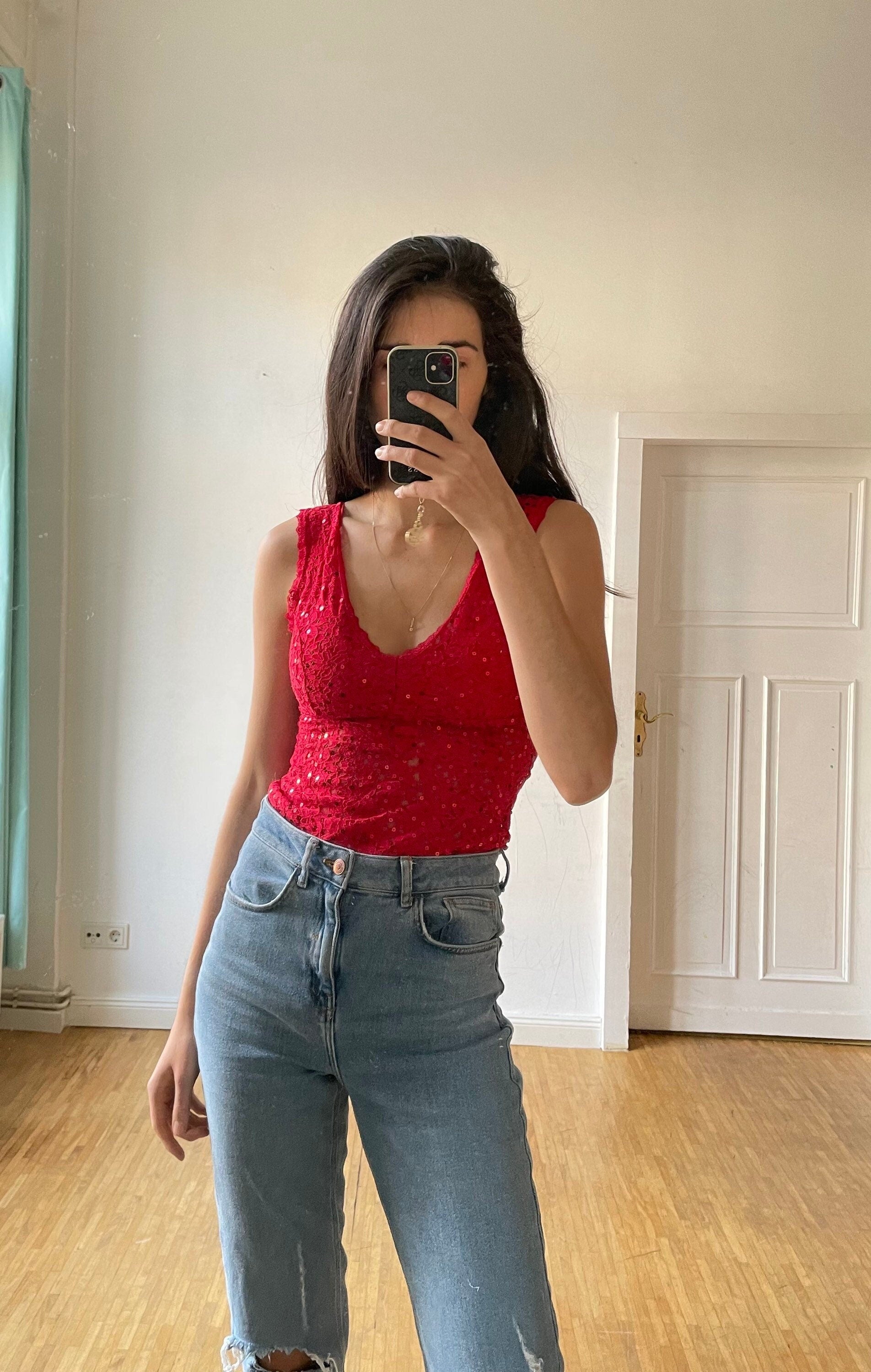 Gorgeous red sequin femme fatale leotard, Vibrant glitter one piece, Boujee deep v camisole, Vintage bodysuit, Clubbing top, Christmas top