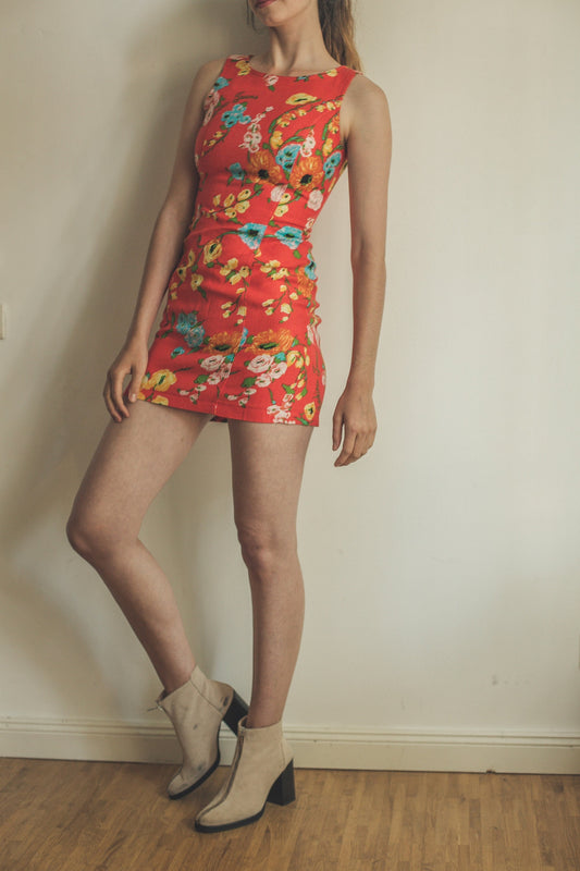 Moschino colourful floral pencil dress, Sexy tight mini dress, Orange short festive dress, Designer women clothing, Party outfit, M