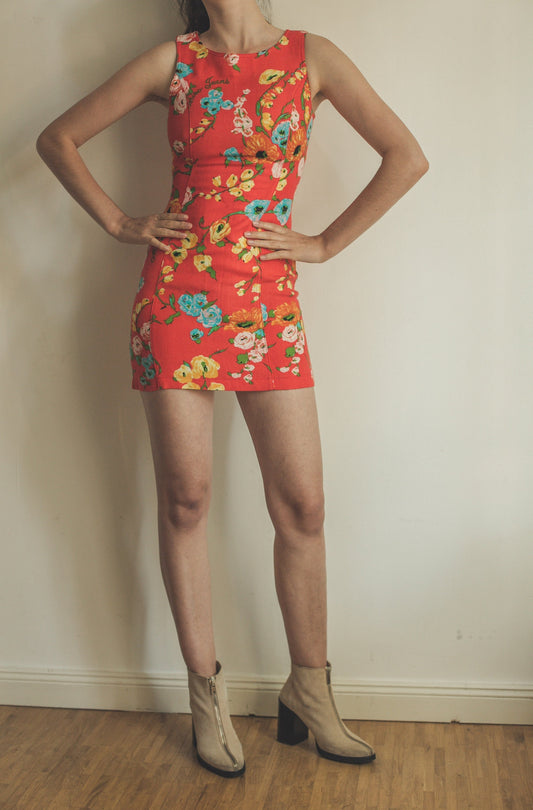 Moschino colourful floral pencil dress, Sexy tight mini dress, Orange short festive dress, Designer women clothing, Party outfit, M