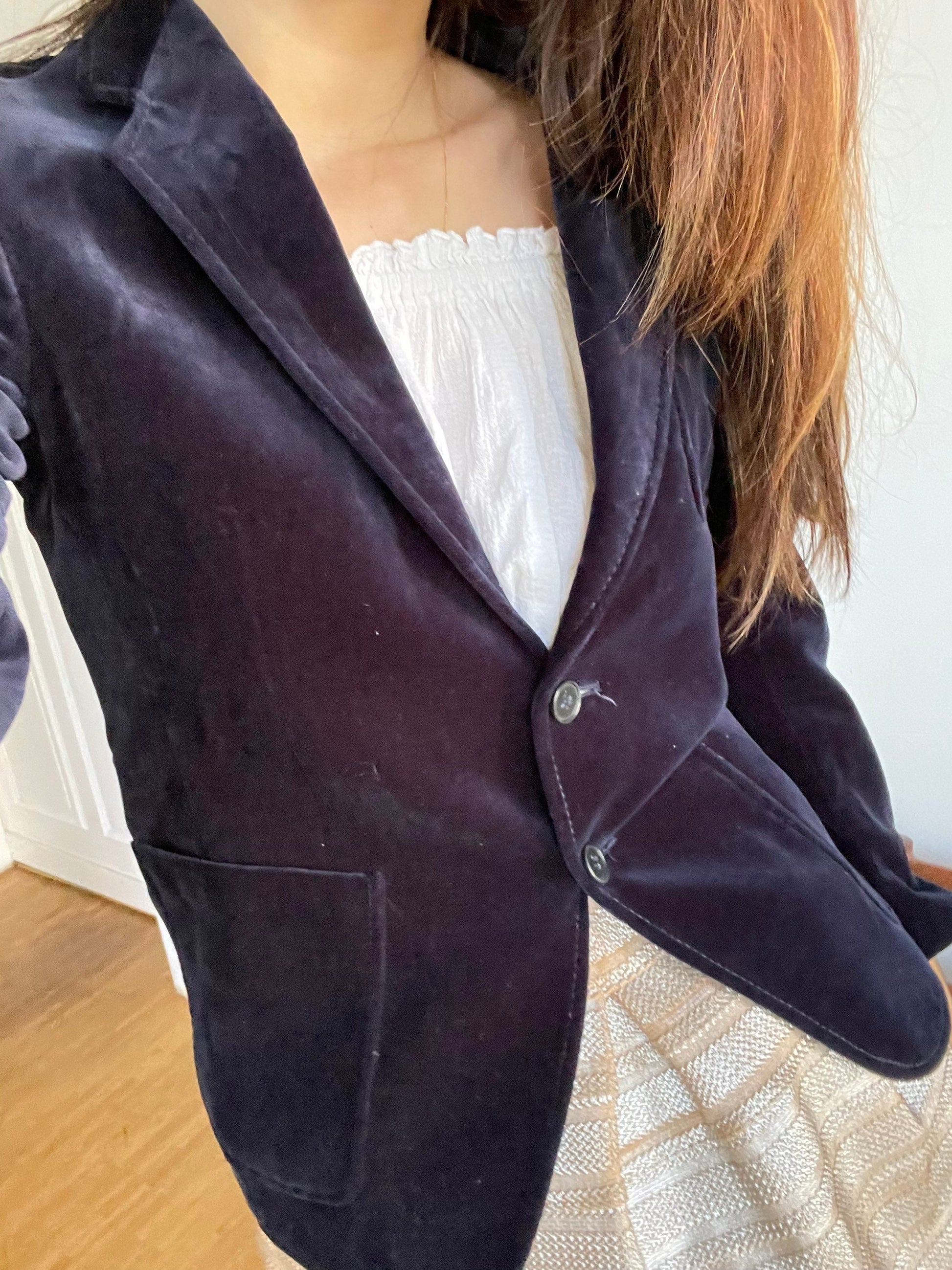 Dark blue velvet women blazer, Vintage Navy formal jacket, Classic wedding suit, Smart jacket, Dark academia blazer, Smart woman outfit, S