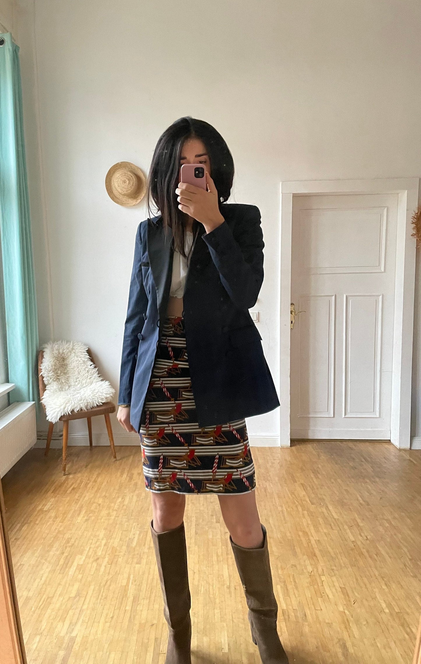 Vintage Maritime Midi Skirt Retro Pencil Skirt with Beach Pattern Sustainable Women’s Fashion Secretary Outfit S