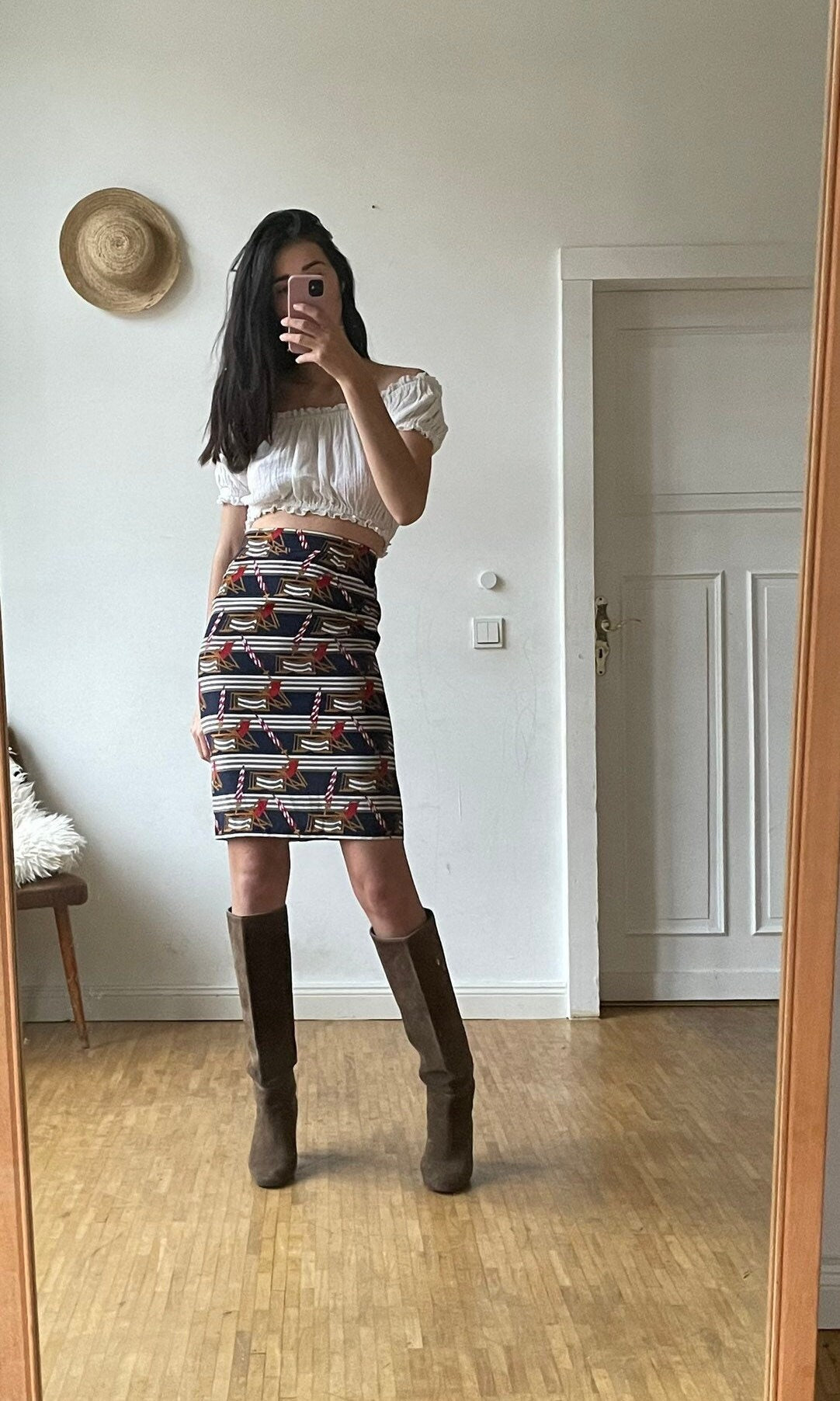 Vintage Maritime Midi Skirt Retro Pencil Skirt with Beach Pattern Sustainable Women’s Fashion Secretary Outfit S