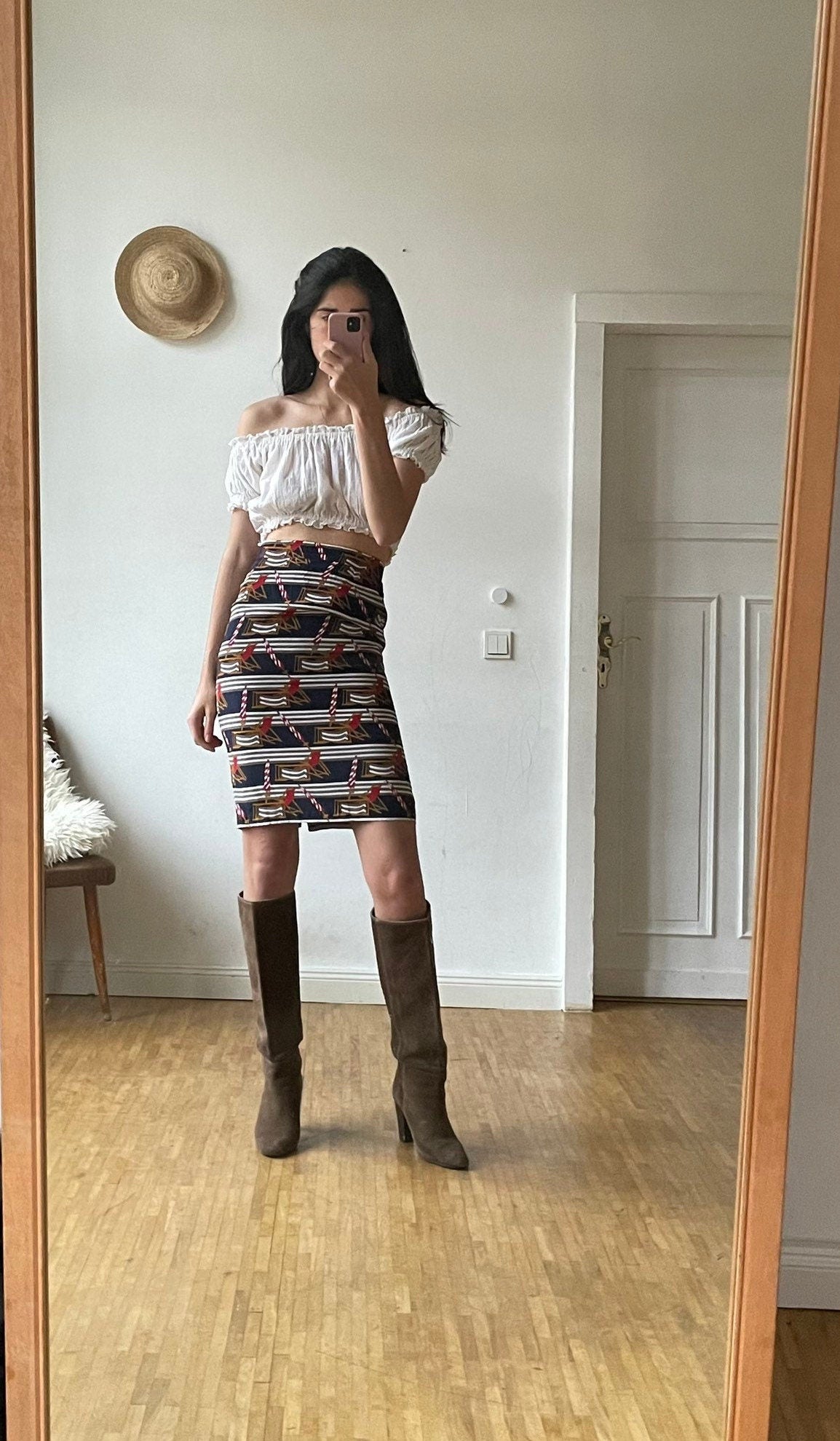 Vintage Maritime Midi Skirt Retro Pencil Skirt with Beach Pattern Sustainable Women’s Fashion Secretary Outfit S