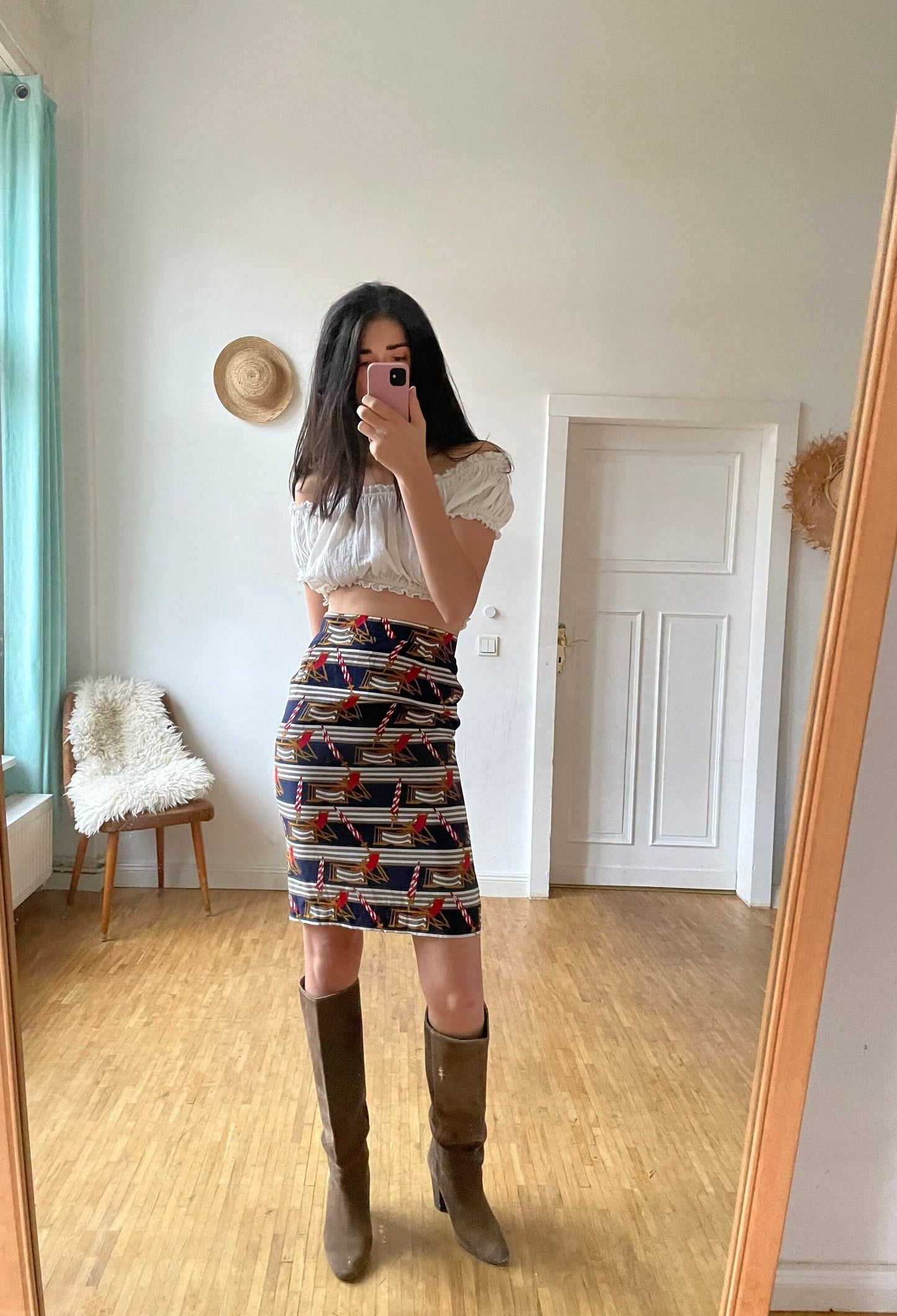 Vintage Maritime Midi Skirt Retro Pencil Skirt with Beach Pattern Sustainable Women’s Fashion Secretary Outfit S