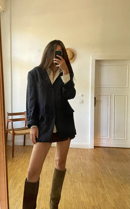 Navy Blue Pinstripe Vintage Blazer — fabric close-up