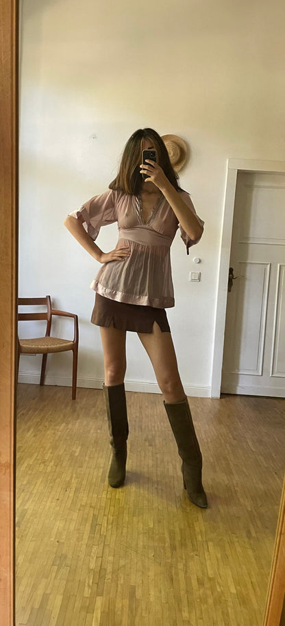Vintage Dusty Pink Sheer Blouse, Beaded Babydoll Top