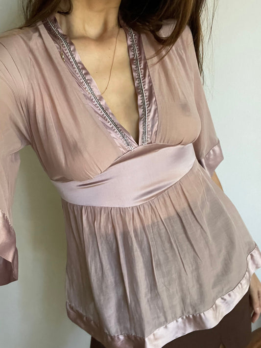 Dusty pink sheer woman blouse, Babydoll half sleeve sexy see through top, Beaded festive feminine blouse, Elegant deep v camisole