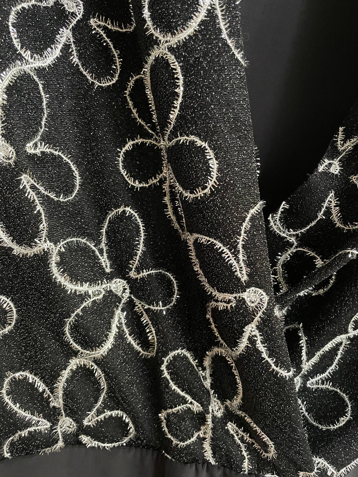 Vintage glitter floral leotard bodysuit 80s Italy disco glam black sparkle long sleeve top Paris clubwear Dua Lipa festival party XS