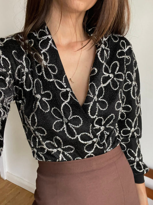 Vintage glitter floral leotard bodysuit 80s Italy disco glam black sparkle long sleeve top Paris clubwear Dua Lipa festival party XS