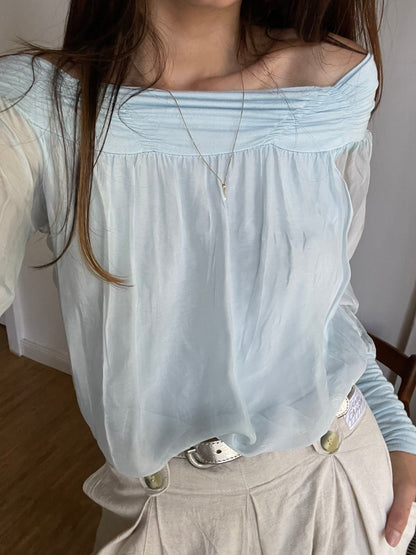 Vintage Pastel Blue Silk Blouse, Sheer Off-Shoulder Top