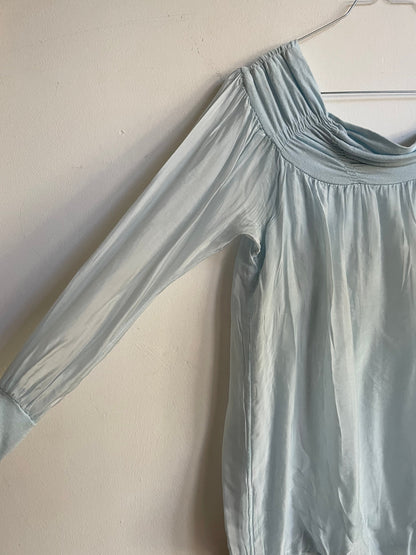 Vintage Pastel Blue Silk Blouse, Sheer Off-Shoulder Top