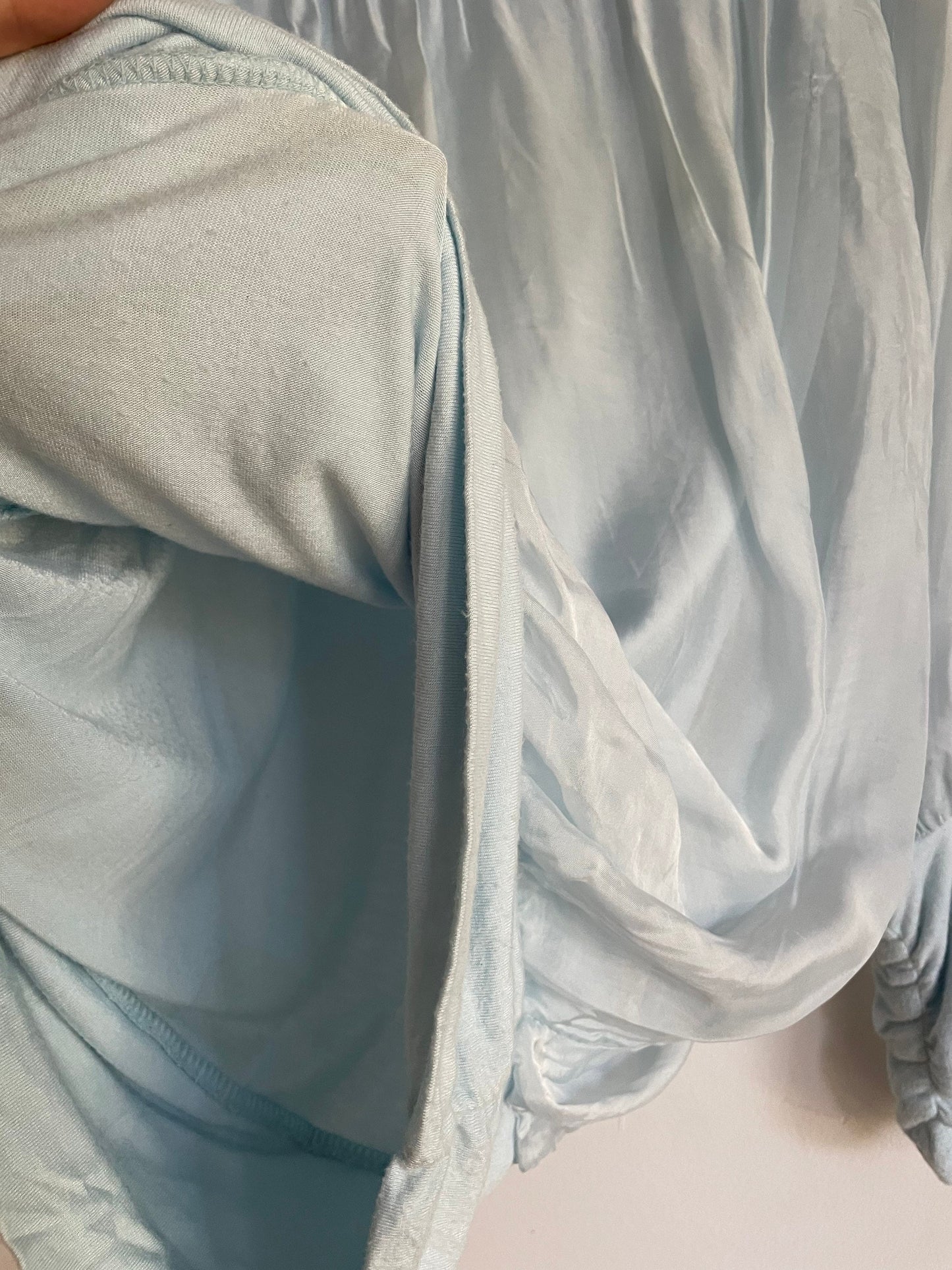 Vintage Pastel Blue Silk Blouse, Sheer Off-Shoulder Top
