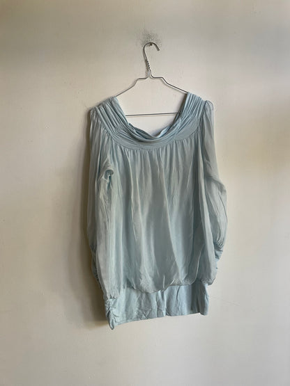 Vintage Pastel Blue Silk Blouse, Sheer Off-Shoulder Top