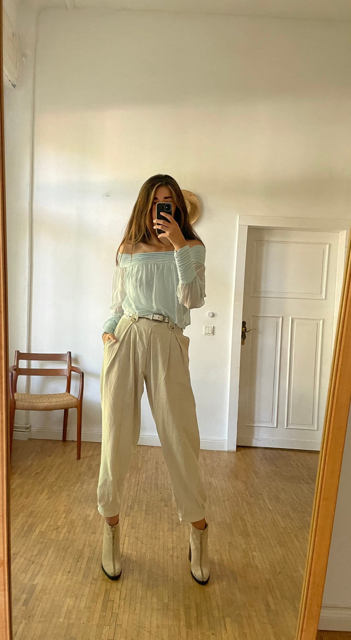 Vintage Pastel Blue Silk Blouse, Sheer Off-Shoulder Top
